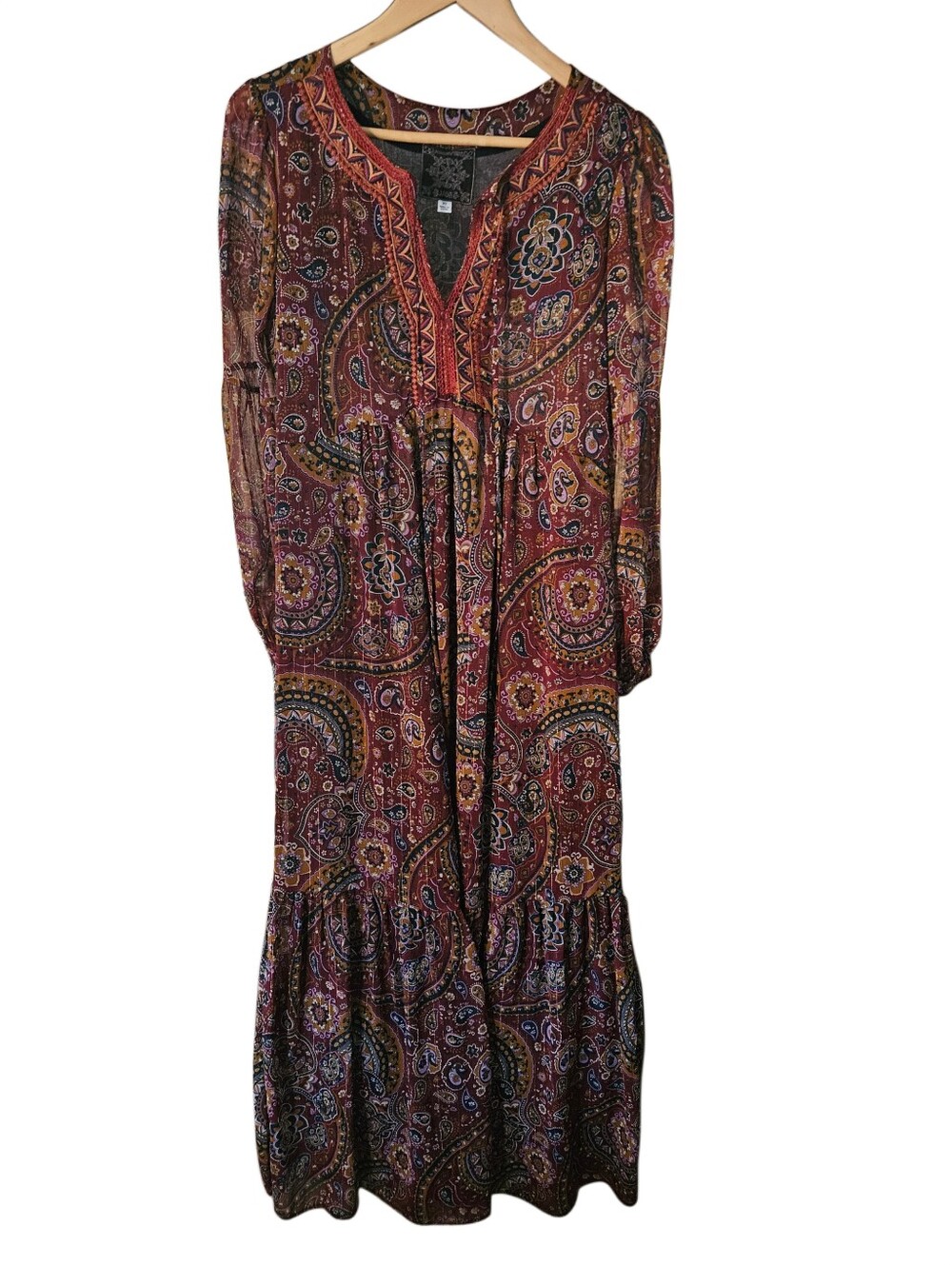 Johnny Was JADE XS Tiered Maxi Dress Metallic Paisley Boho Chic Fall - Picture 6 of 10